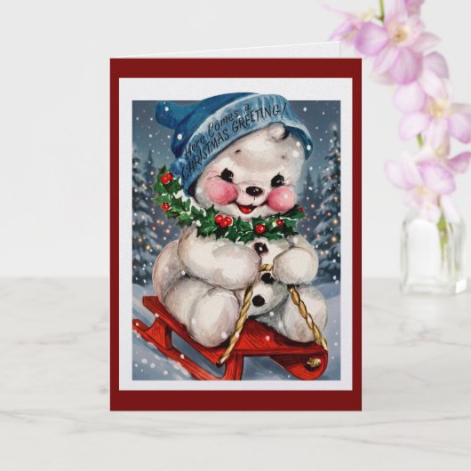 アンティークな水彩画の雪だるまソリ クリスマス カード (蘭)