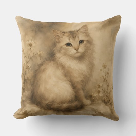 アンティークな水彩画風の猫の枕 クッション (正面)