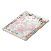 アンティークな水彩花にモノグラムの名前 ノートパッド (回転)