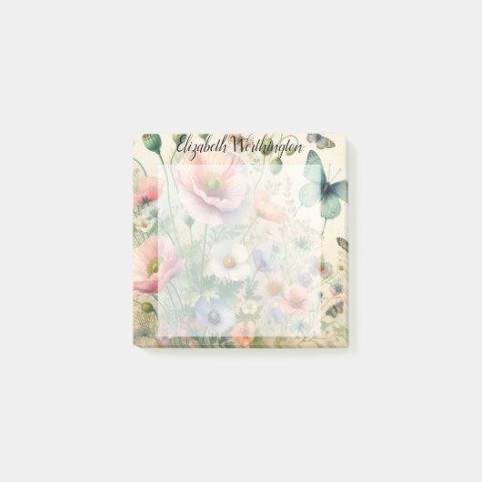 アンティークな水彩花にモノグラム名 ポストイット (正面)
