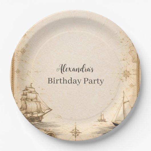 アンティークな海図の誕生日 ペーパープレート (正面)