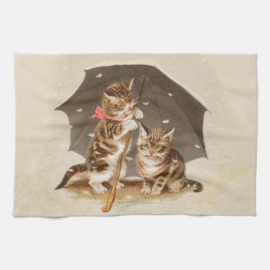 アンティークな猫のアート作品: 傘の下のビンテージの子猫 キッチンタオル (横)