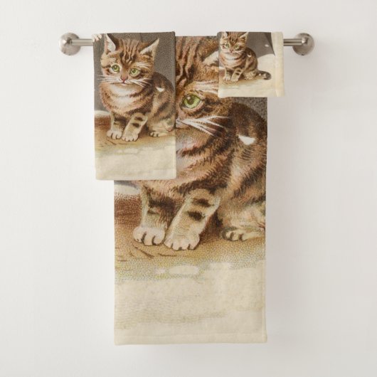 アンティークな猫のアート、傘の下のビンテージの子猫 バスタオルセット (インサイチュ)