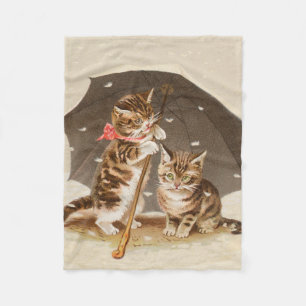 アンティークな猫のアート、傘の下のビンテージの子猫 フリースブランケット