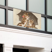 アンティークな猫のアート、傘の下のビンテージの子猫 横断幕 (ビルの外側)