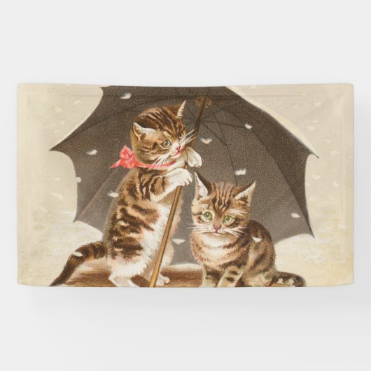 アンティークな猫のアート、傘の下のビンテージの子猫 横断幕 (横)