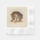 アンティークな猫のアート、傘の下のビンテージの子猫 縁ありカクテルナプキン (正面)