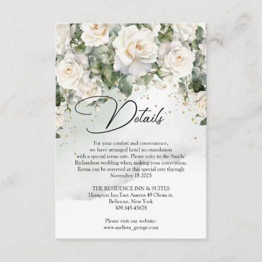 アンティークな白いバラ、ユーカリのグリーン、そしてゴールド エンクロージャーカード (正面)