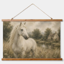 アンティークな白馬の草原のカントリーハウスの壁掛け