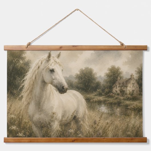 アンティークな白馬の草原のカントリーハウスの壁掛け 吊り下げ型タペストリー (正面)