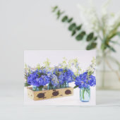 アンティークな箱の青いアジサイの花 ポストカード (スタンド正面)
