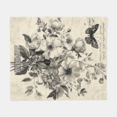 アンティークな紙 (8) の上の牧歌的な花と蝶 フリースブランケット (正面(横))