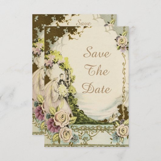 アンティークな花嫁と花婿のシックな結婚式 保存の日付を知らせる 招待状 (正面/裏面)