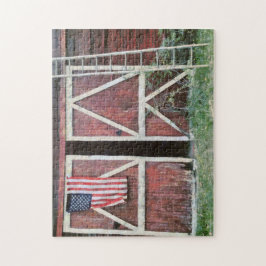 アンティークな赤い納屋のドアと旗と果樹園のはしご ジグソーパズル