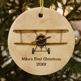 アンティークな飛行機のファンタジーな航空ファーストクリスマス セラミックオーナメント