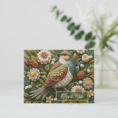 アンティークな鳥の森の刺繍風サンクスカード ポストカード (スタンド正面)