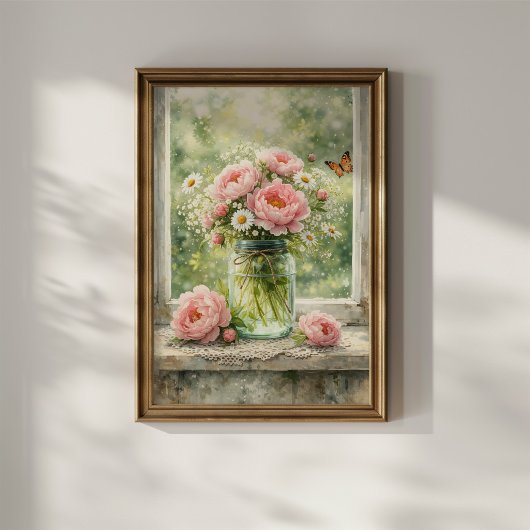 アンティークのガラス瓶の芍薬 ポスター