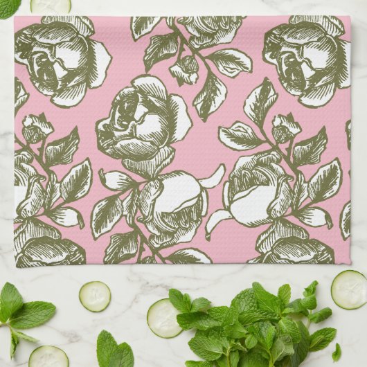 アンティークのバラとホワイトピンクタオル キッチンタオル (折り畳み)