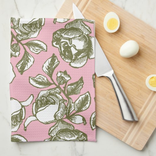 アンティークのバラとホワイトピンクタオル キッチンタオル (四つ折り)