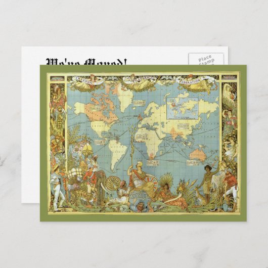アンティークの世界地図、アドレスのヴィンテージ変更 案内ポストカード