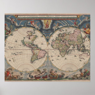 アンティークの世界地図:歴史風刺画 ポスター