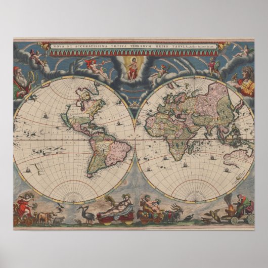 アンティークの世界地図:歴史風刺画 ポスター (正面)