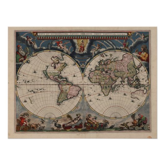 アンティークの世界地図:歴史風刺画 ポスター (正面)