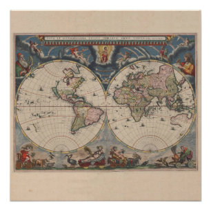 アンティークの世界地図:歴史風刺画 ポスター