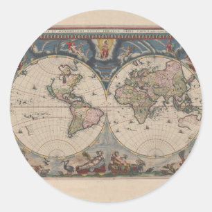 アンティークの世界地図:歴史風刺画 ラウンドシール