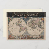 アンティークの世界地図：歴史風刺画 招待状 (正面/裏面)