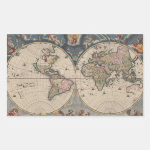 アンティークの世界地図:歴史風刺画 長方形シール