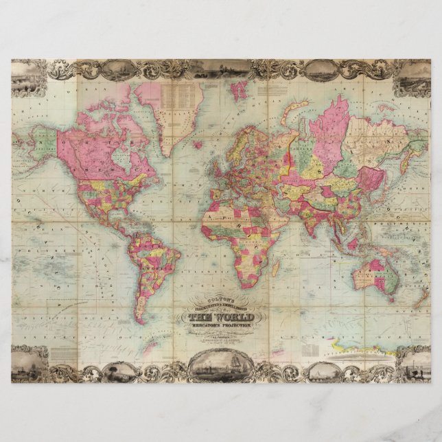 アンティークの世界地図byジョン・コルトン， circa 1854 (正面)