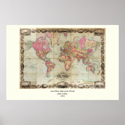 アンティークの世界地図byジョン・コルトン, circa 1854 ポスター (正面)