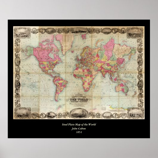 アンティークの世界地図byジョン・コルトン， circa 1854 ポスター (正面)