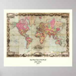アンティークの世界地図byジョン・コルトン, circa 1854 ポスター