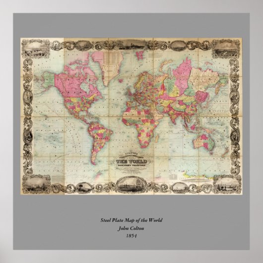 アンティークの世界地図byジョン・コルトン， circa 1854 ポスター (正面)
