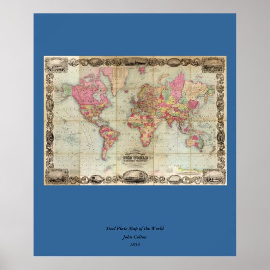 アンティークの世界地図byジョン・コルトン, circa 1854 ポスター (正面)