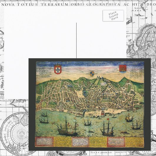 アンティークの地図，リスボンの都市計画，ポルトガル， 1598 ポストカード