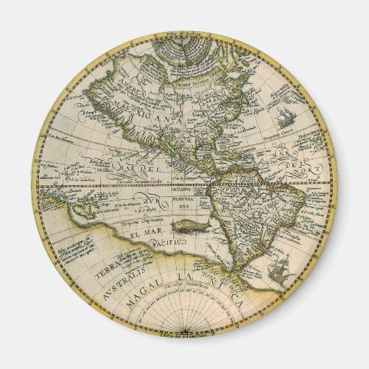 アンティークの地図， 1596, America Sesive Novus Orbis マグネット (正面)