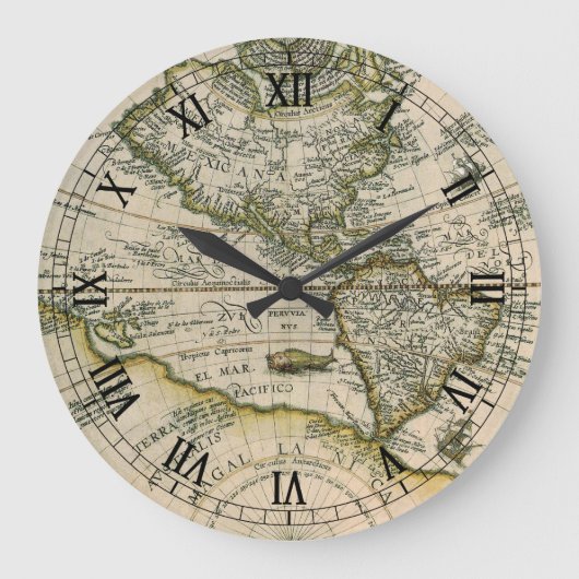 アンティークの地図， 1596, America Sesive Novus Orbis ラージ壁時計 (正面)