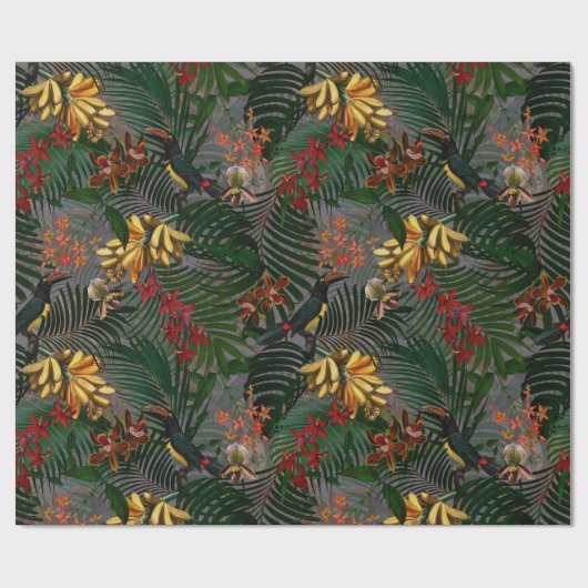 アンティークの熱帯の花と鳥のジャングルの模様 ラッピングペーパー (フラット)