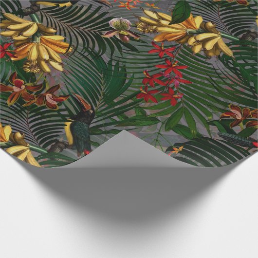 アンティークの熱帯の花と鳥のジャングルの模様 ラッピングペーパー (角)