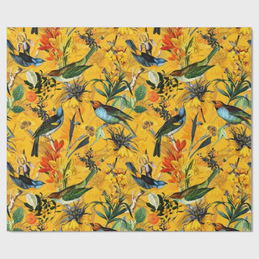 アンティークの熱帯の花と鳥のジャングルの模様 ラッピングペーパー (フラット)