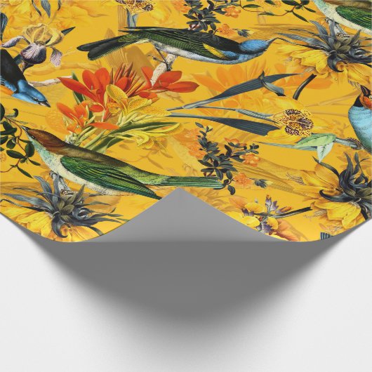 アンティークの熱帯の花と鳥のジャングルの模様 ラッピングペーパー (角)