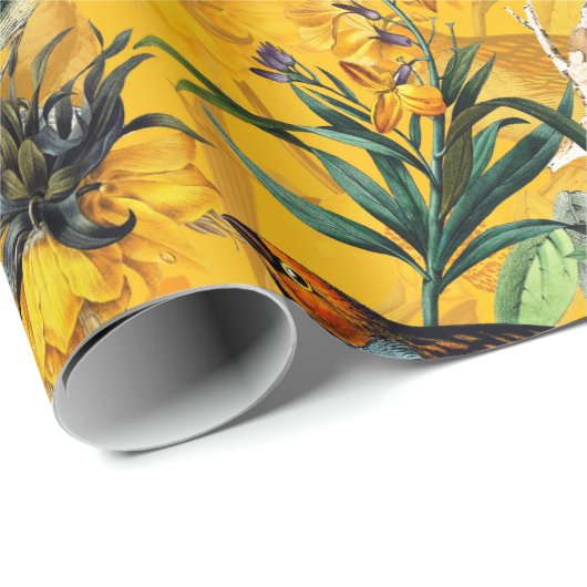 アンティークの熱帯の花と鳥のジャングルの模様 ラッピングペーパー (ロールコーナー)