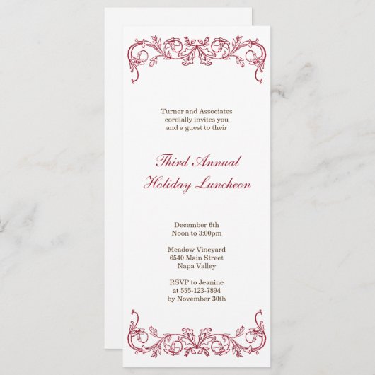 アンティークの白い赤い巻物クリスマスのフォーマル休日 招待状 (正面/裏面)