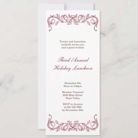 アンティークの白い赤い巻物クリスマスのフォーマル休日 招待状 (正面)