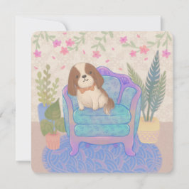 アンティークの肘掛け椅子の上の可愛い子犬のイラスト カード