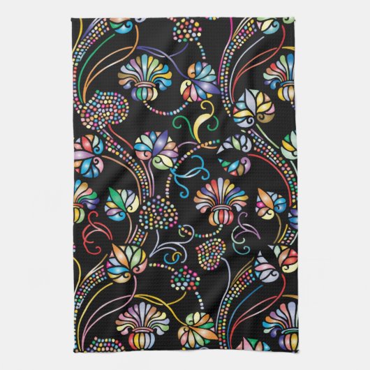 アンティークの花数々の柄の色(黒) キッチンタオル (縦)