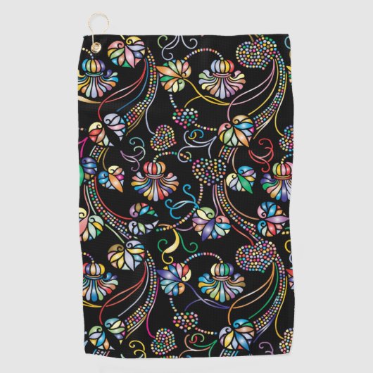 アンティークの花数々の柄の色（黒） ゴルフタオル (正面)